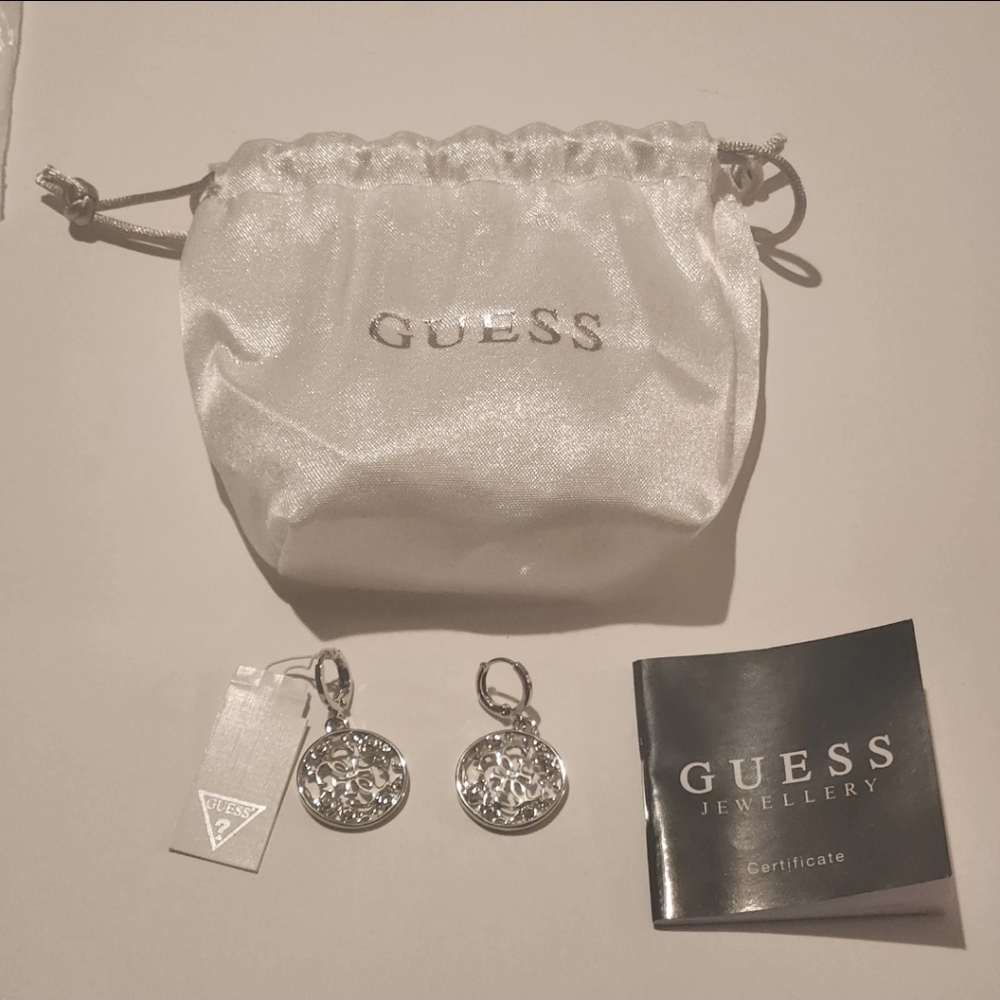 GUESS Silver 4G Logo Filigree Drop Earrings Crystal Dangle Hinged Hoop Women